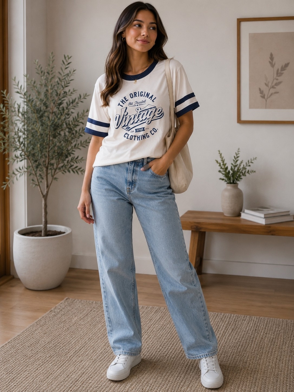 Vintage Graphic Ringer Tee - White & Navy